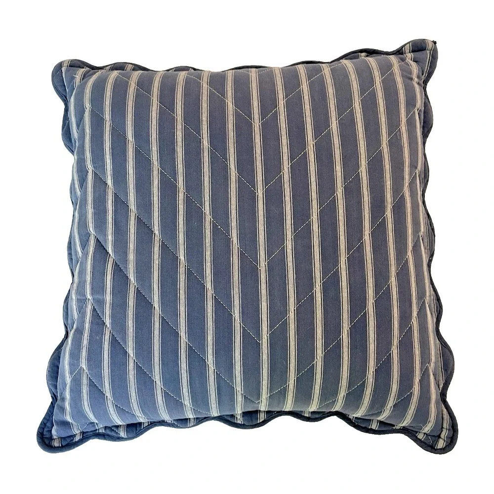 Ralph Lauren 18x18‎  Blue Scalloped Quilt Ticking Stripe Pillow w/Feather Insert
